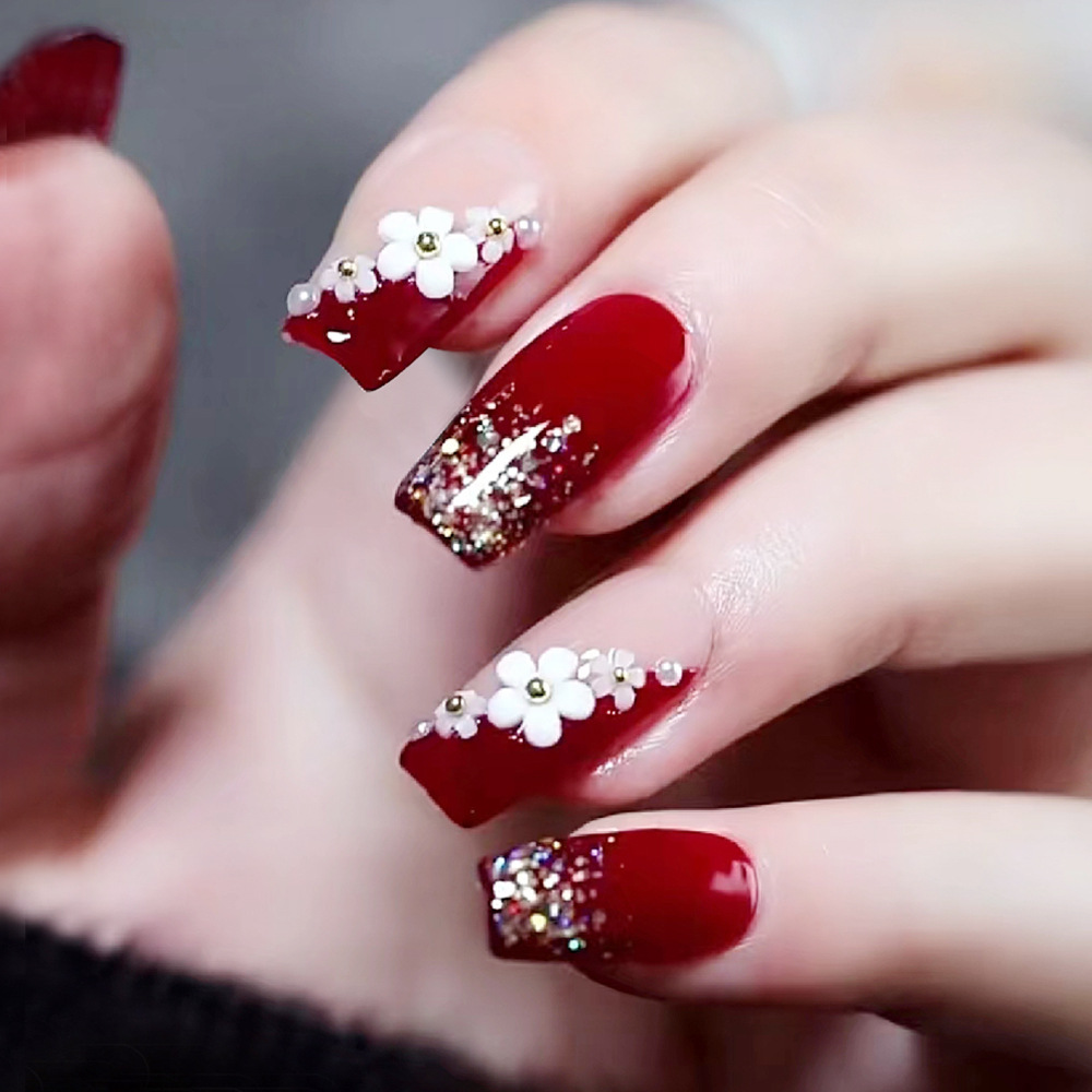 Pressed Flower Art - 24pcs Glossy Red Press on Nails
