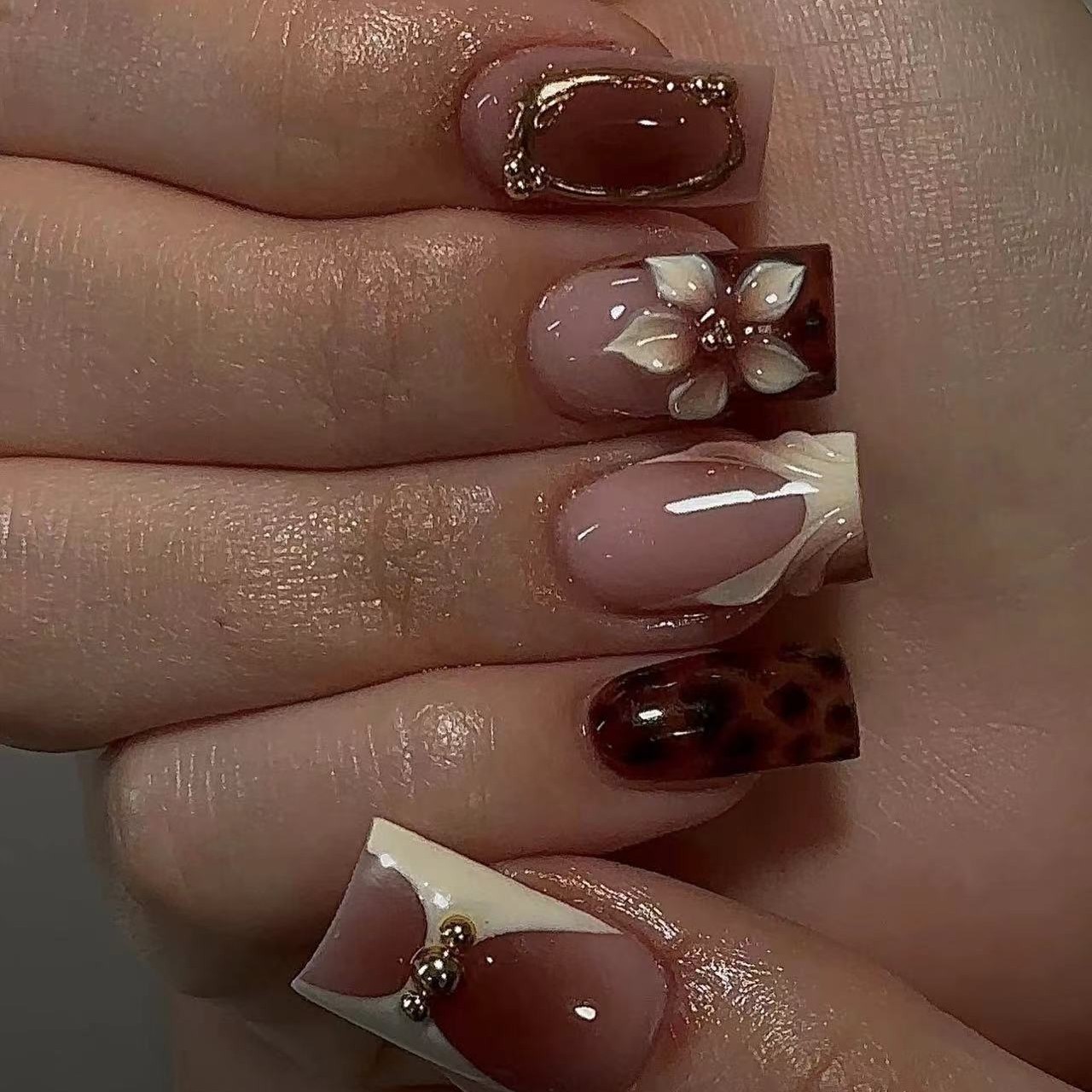 Short square fake nails for wo - Pressed Flower Art recension och pris